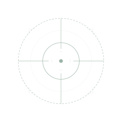 Sichtbarkeits-Analyse: Fadenkreuz mit drei konzentrischen Kreisen (äußerer gestrichelt, mittlerer subtil, innerer solid), Crosshair-Linien mit Tick-Marks und einem sage-farbenen Center-Dot. Ecken-Brackets als subtiles Framing-Element.