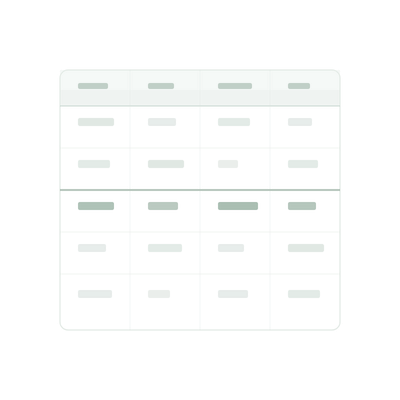 Technisches Setup: Daten-Grid mit Header-Zeile, fünf Datenreihen und einer hervorgehobenen Akzent-Zeile in Sage Green. Abstrakte Datenbalken in den Zellen — wirkt wie ein Spreadsheet/Schema-Markup.