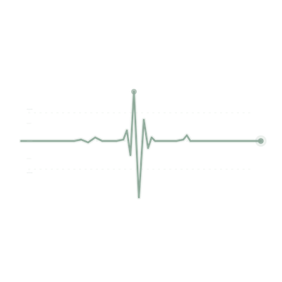 Autoritäts-Aufbau: EKG/Pulse-Linie mit einer ruhigen Baseline, einem markanten Ausschlag in der Mitte (Peak-Dot) und einem pulsierenden End-Dot.